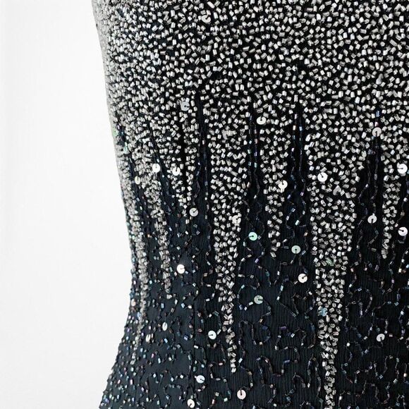 Vintage Gray Beaded Silk Maxi Bodycon Back Slit Formal Cocktail Dress Size S - Picture 7 of 7